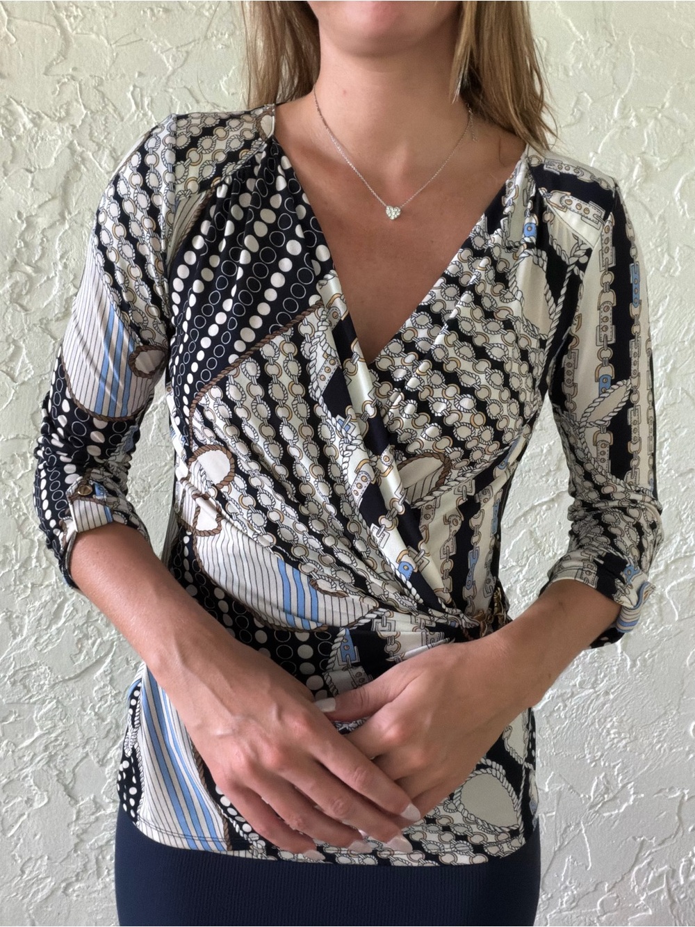 Cache Black, Cream & Blue Printed Wrap Top